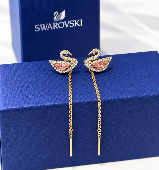 Aretes largos de cisne con cristales rosa